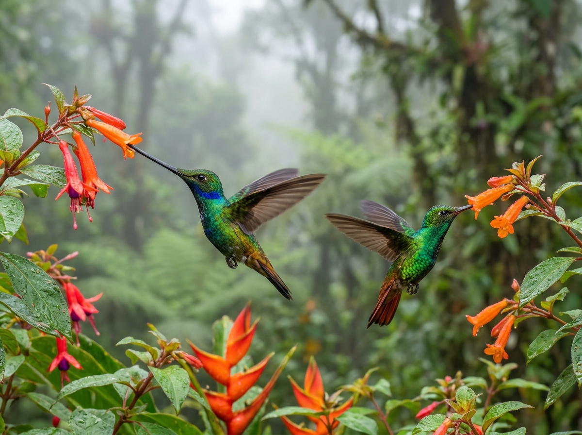 Colibríes en un bebedero de la Finca Alejandría, Km 18