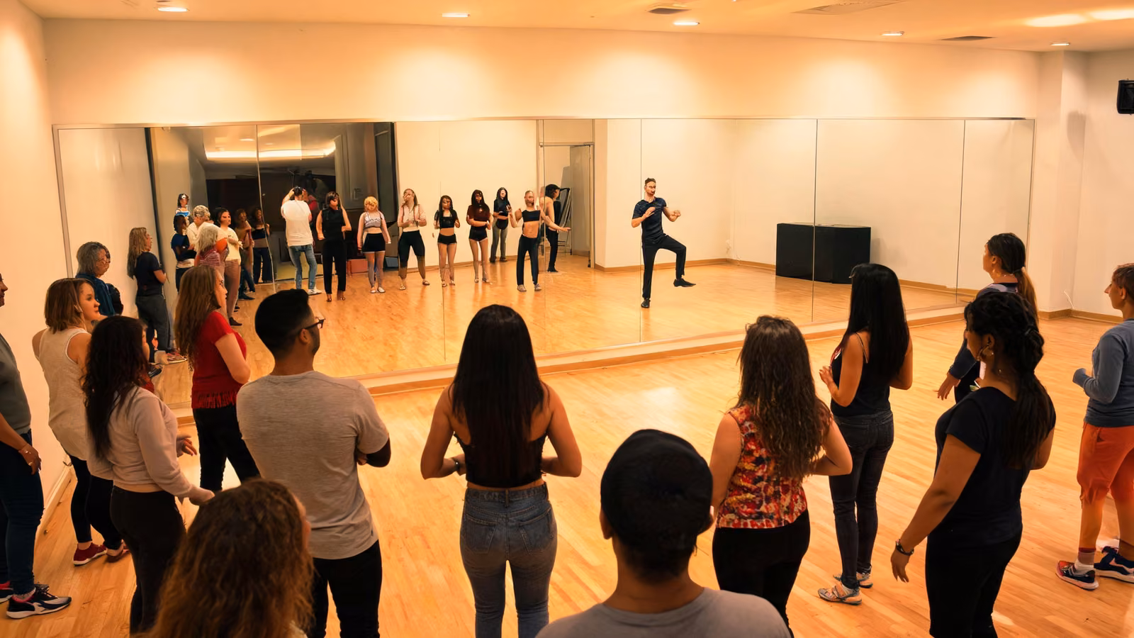 Clase de salsa en estudio de baile: instructor demostrando pasos a alumnos frente al espejo