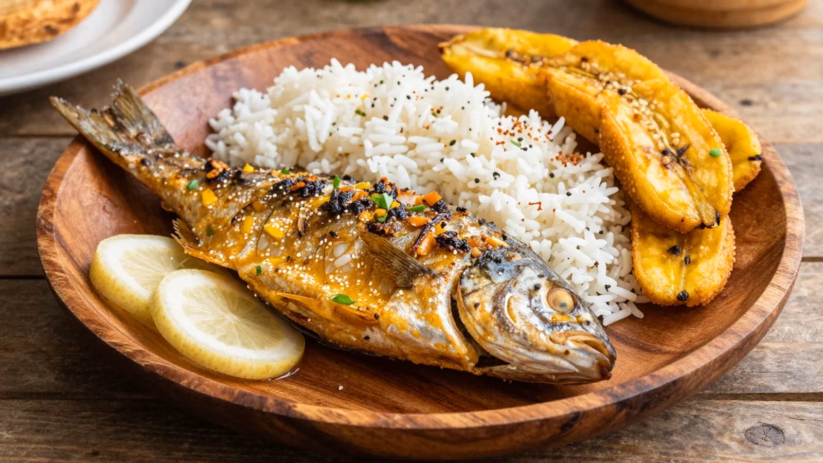 Comida típica del Pacífico en Cali y la Galería Alameda 1 Plato de pescado frito con acompañamientos, cocina del Pacífico