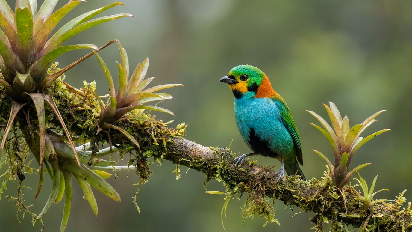 Tángara multicolor, ave endémica del Valle del Cauca, posada en una rama con bromelias en el bosque de niebla