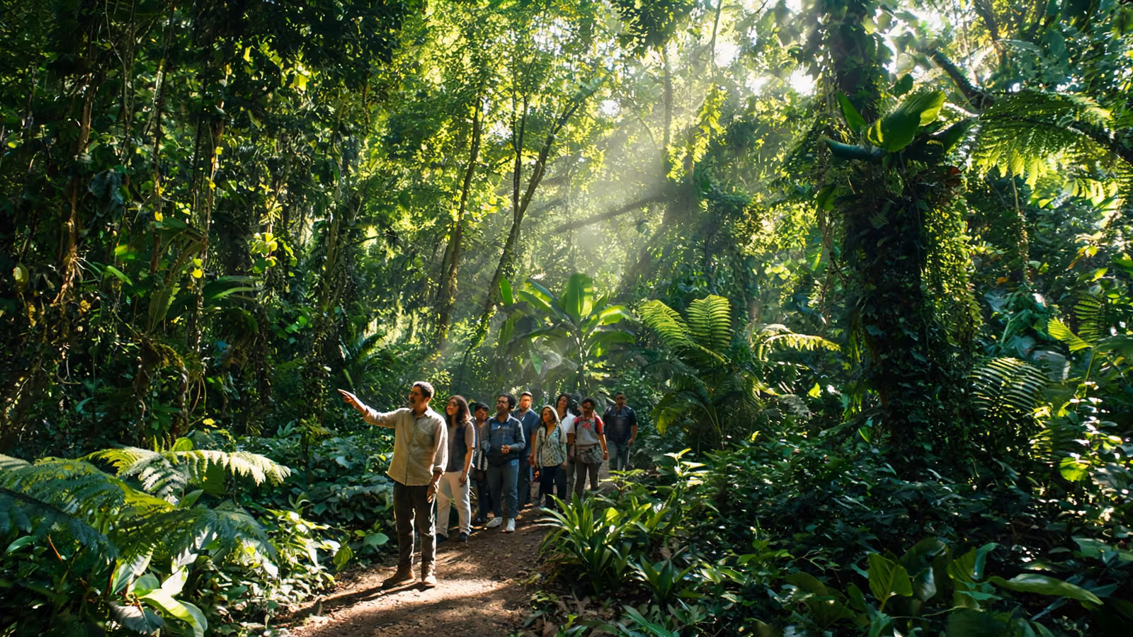 Turismo comunitario y sostenible en el Valle del Cauca 1 Guía local de turismo sostenible liderando grupo de visitantes en sendero de selva tropical